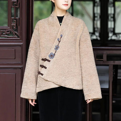 Women Ethnic Style Wool Suede Lining Cross-Over Warm Coat