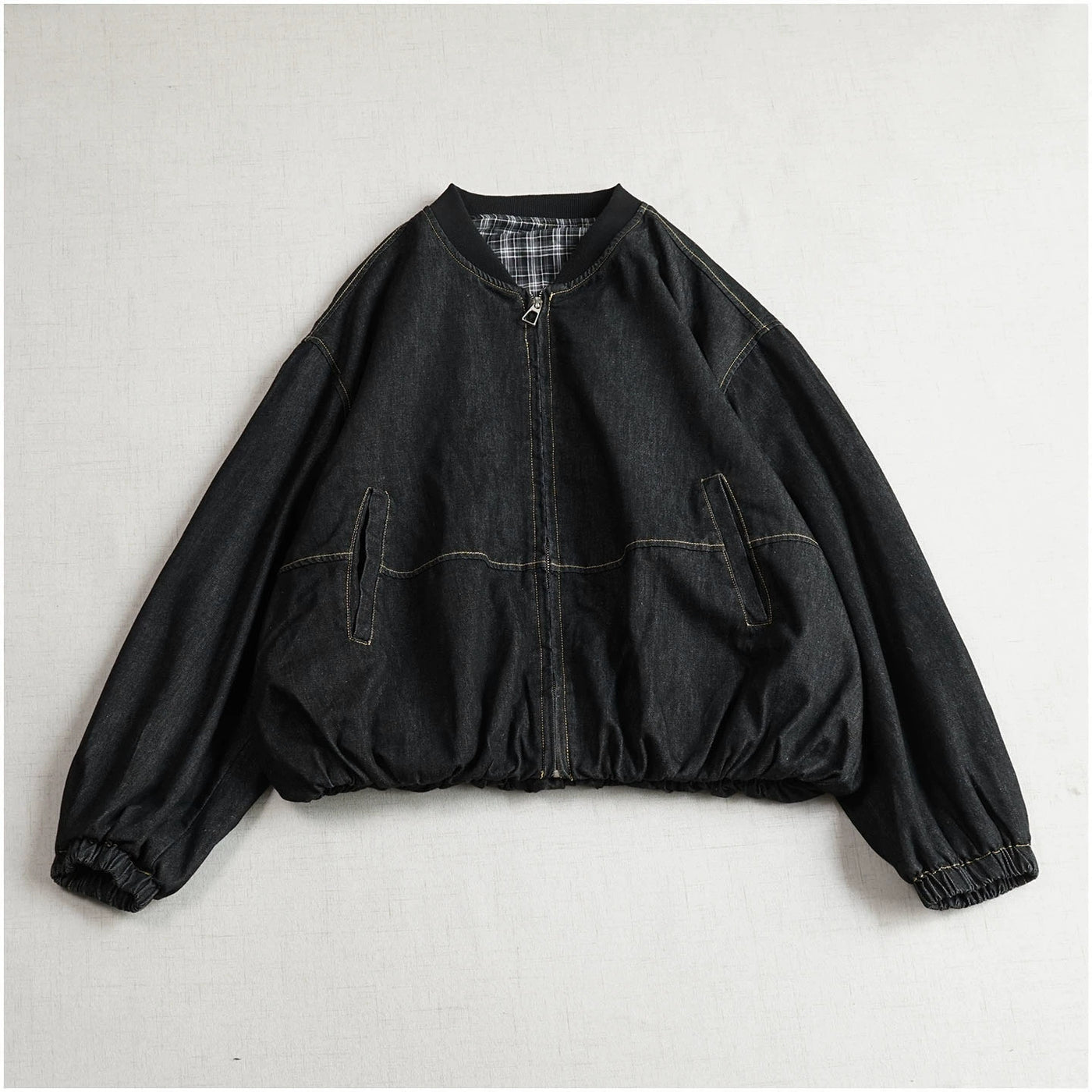 Autumn Retro Denim Loose Stand Collar Tulip Hem Zipper Coat