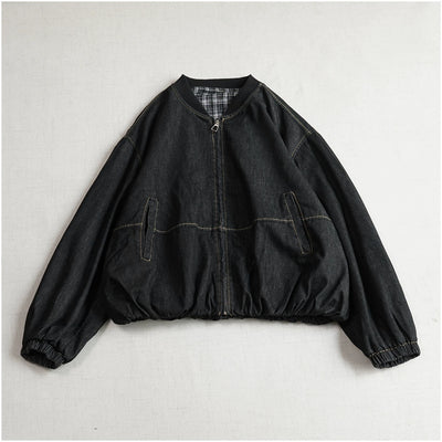 Autumn Retro Denim Loose Stand Collar Tulip Hem Zipper Coat