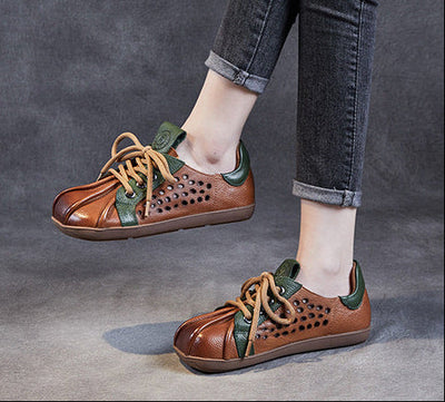 Spring Retro Hollow Soft Sole Color Block Leather Casual Shoes