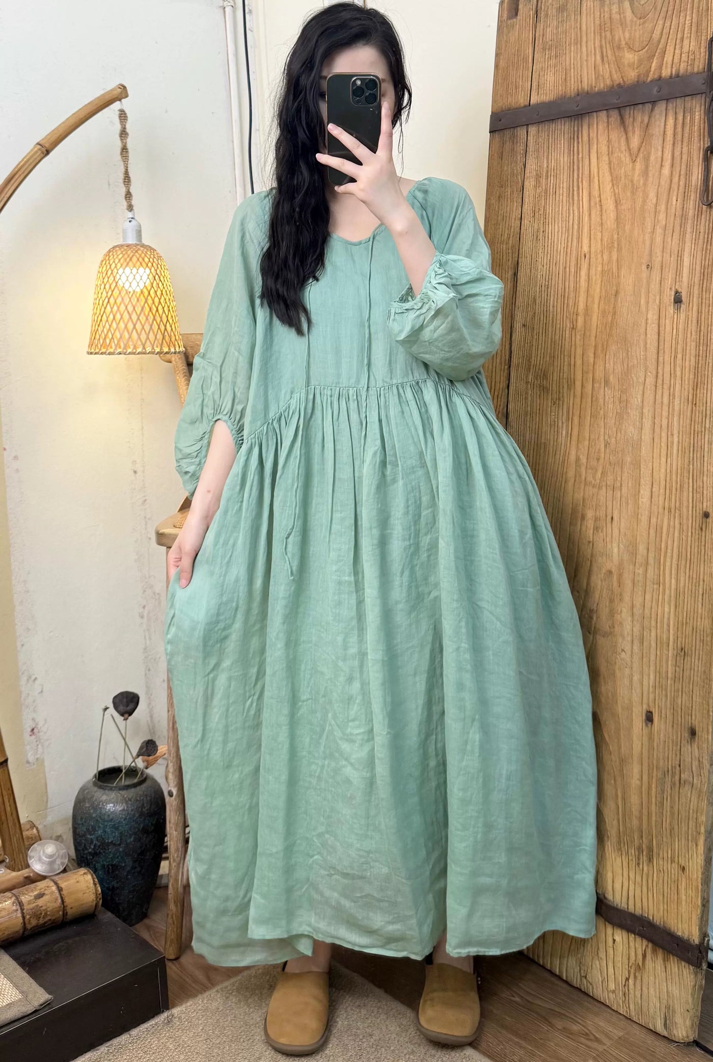 Summer Women Ramie Loose Round Neck 3/4 Sleeves Dress