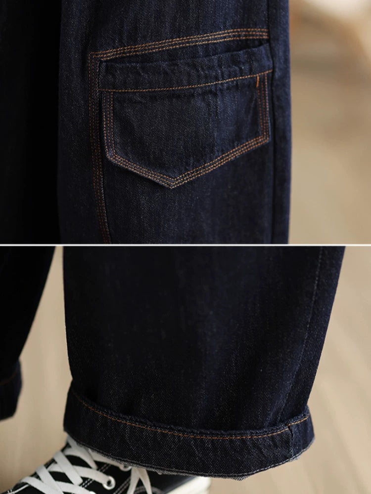 Casual Denim Embroidered Elastic Waist Lace-Up Harem Jeans