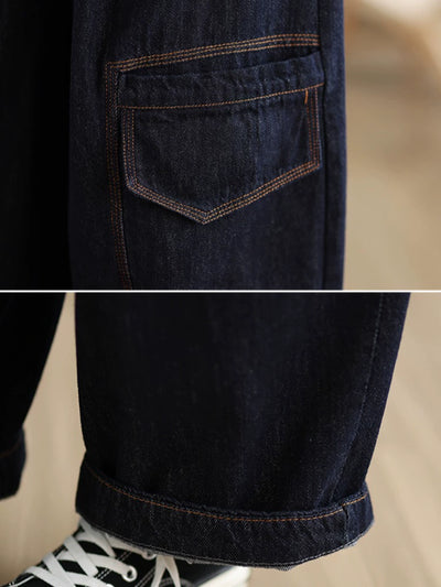 Casual Denim Embroidered Elastic Waist Lace-Up Harem Jeans