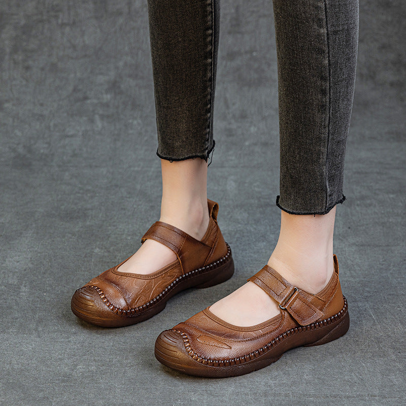 Casual Leather Soft Sole Wide Round Toe One Straped Shoes