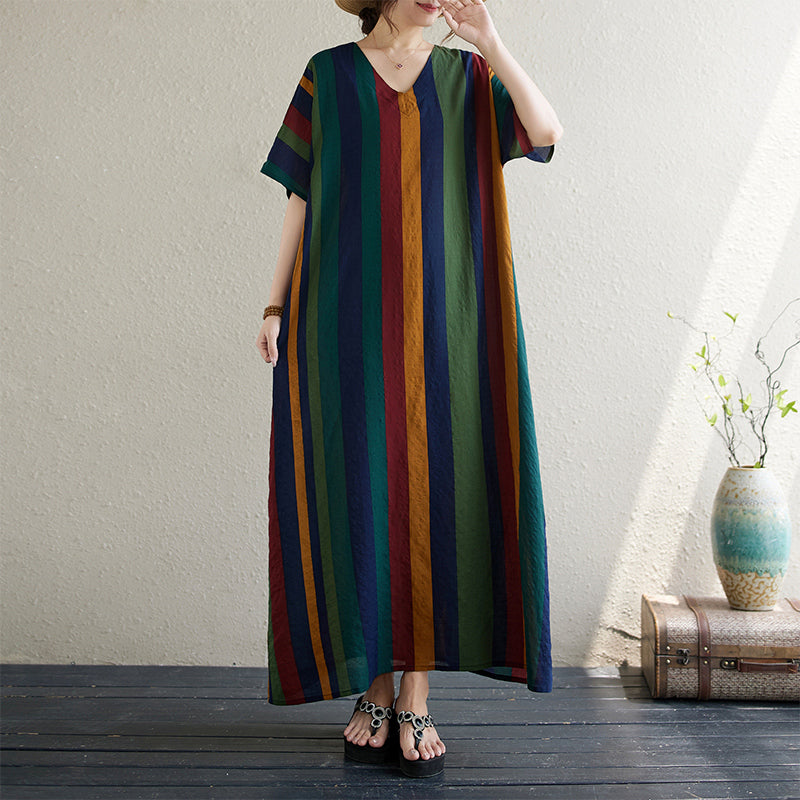 Spring Cotton Linen Stripe Loose Casual V- Neck Dress