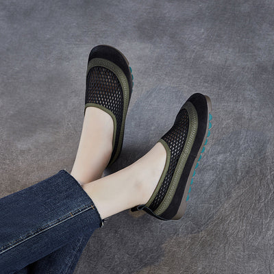 Women Summer Retro Leather Mesh Hollow Soft Flats
