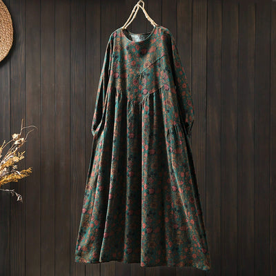 Women Spring Retro Cotton-Linen Printed Blossom Maxi Dress