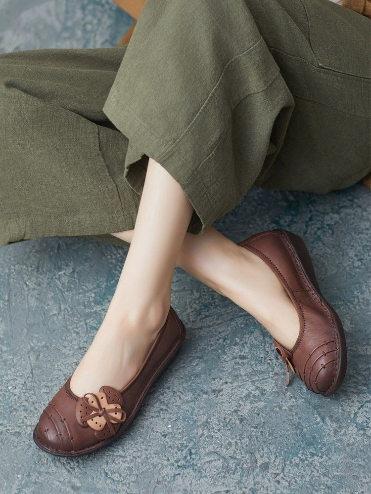 Summer Retro Genuine Leather Shallow Soft Sole Bow Shoes