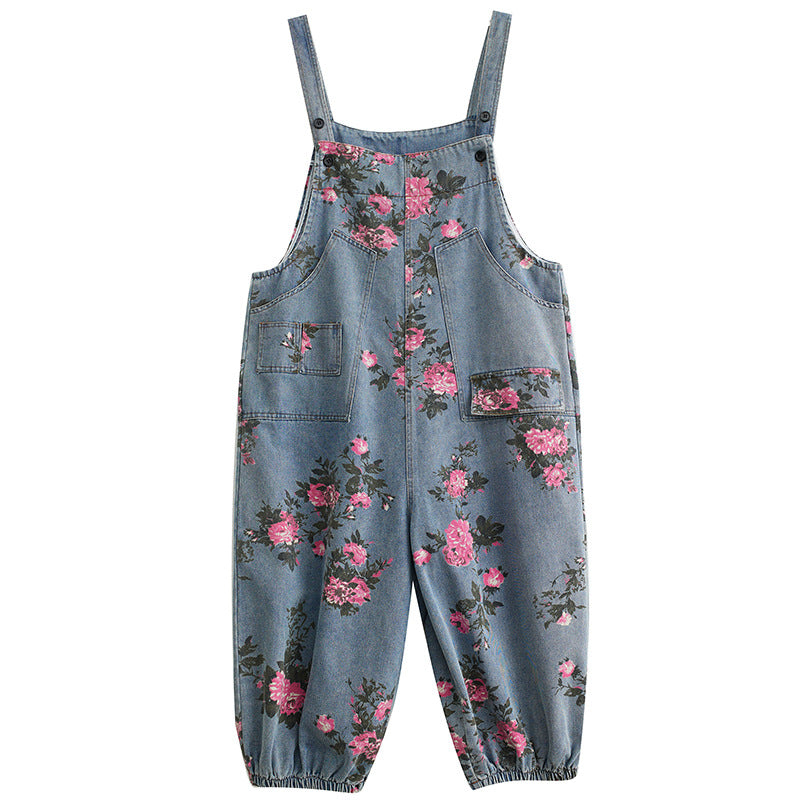 Women Spring Retro Denim Printed Floral Casual Jumpsuit