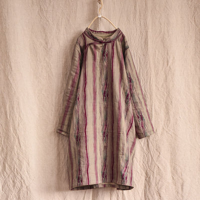 Vintage Asymmetric Front Striped Cotton Linen Dress for Women