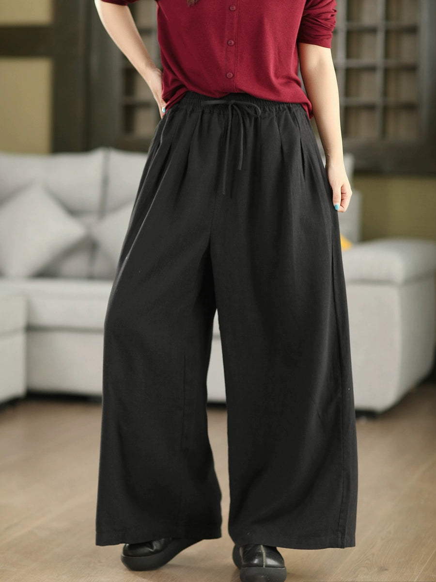 Autumn Retro Ramie Loose Elastic Waist Lace-Up Pants