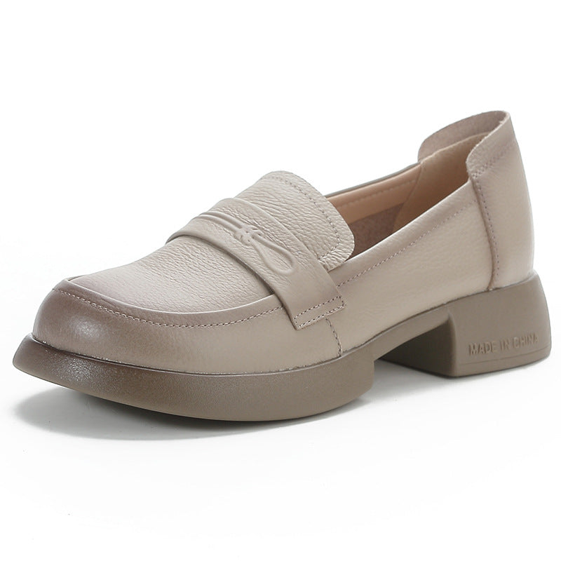 Women Retro Genuine Leather Mid Heel Thick Sole Platform Loafers