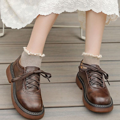 Women Retro Lace- Up Genuine Leather Casual Shoes