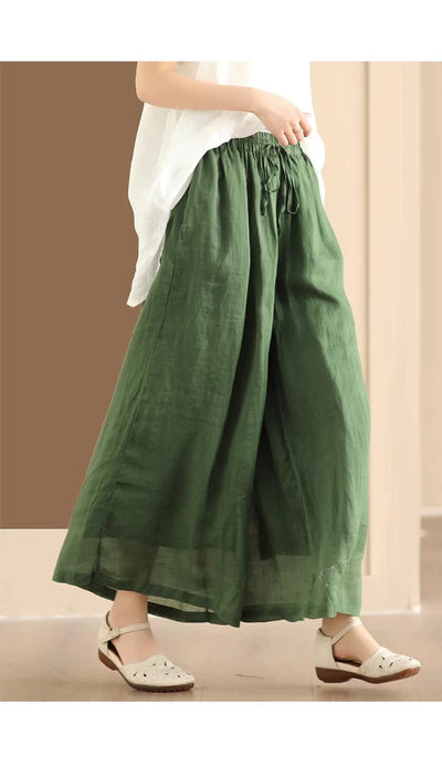 Women Retro Linen Loose Solid Color Wide Leg Lace-Up Pants