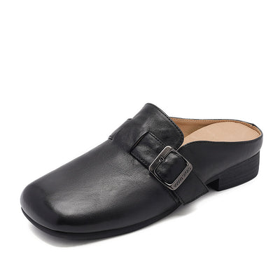 Minimalist Elegant Genuine Leather Low Heel Slippers for Women