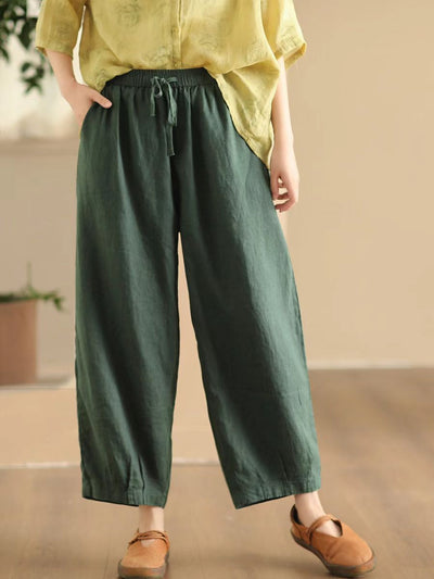 Women Comfortable Linen Straight-Leg Elastic Waist Harem Pants