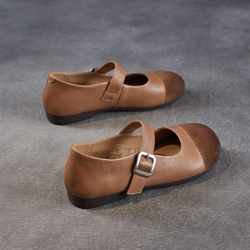 Elegant Genuine Leather Sueded Patchwork One Straped Flats