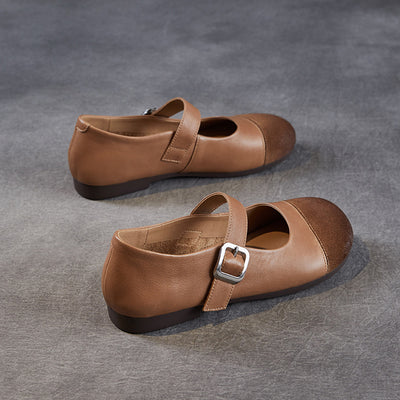 Elegant Genuine Leather Sueded Patchwork One Straped Flats