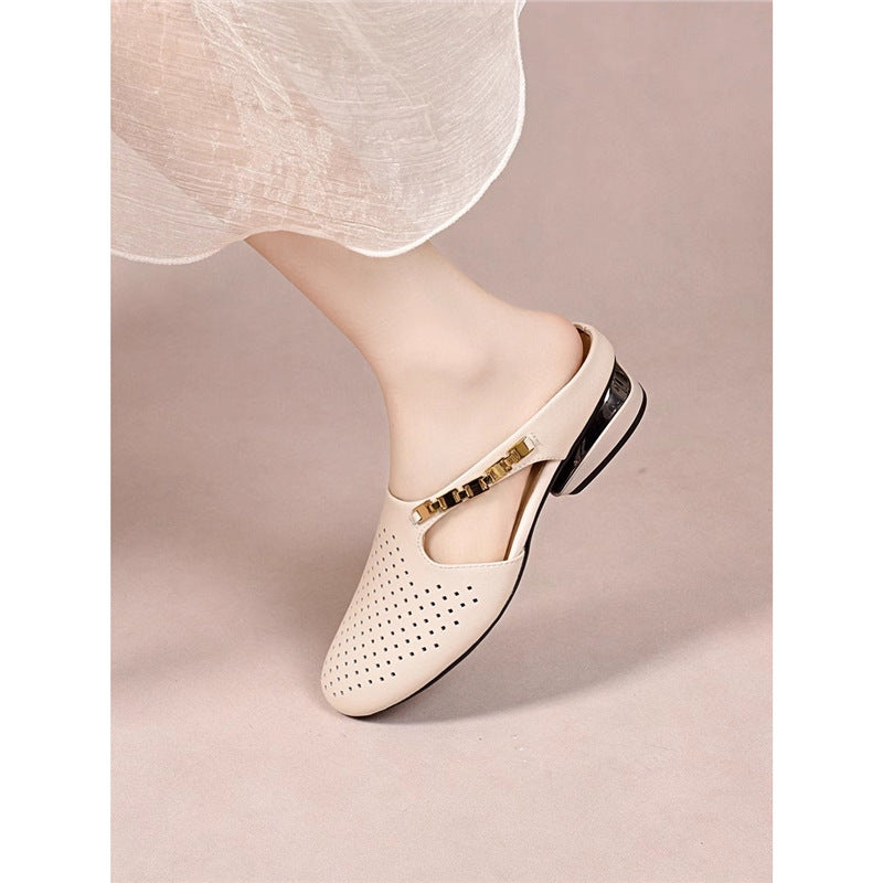 Retro Leather Hollow Cut Out Closed Toe Slip-On Flats