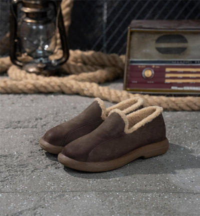 Retro Top Leather Round Toe Warm Fleece-In Soft Shoes