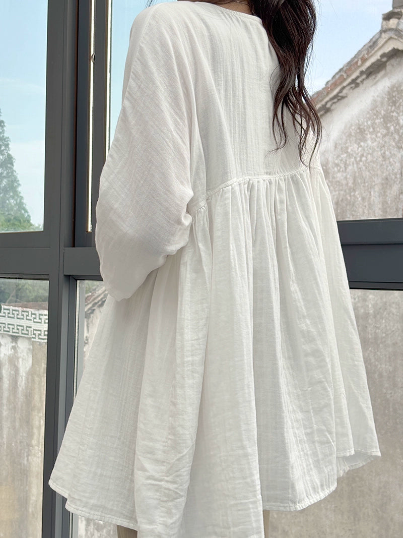 Retro Cotton Casual Versatile Loose V-Neck Long Sleeves Shirt