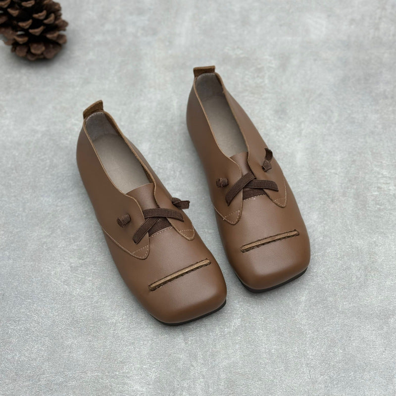 Women Spring Retro Genuine Leather Square Toe Flat Slip-Ons