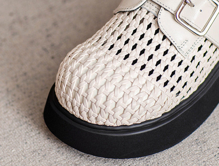 Ladies Casual Breathable Platform Sheepskin Woven Retro Slippers