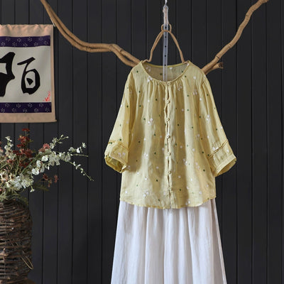 Women Summer Ramie Casual Embroidered Round Neck Shirt