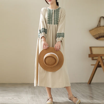 Loose Round Neck Embroidered Long Sleeves Midi Dresses