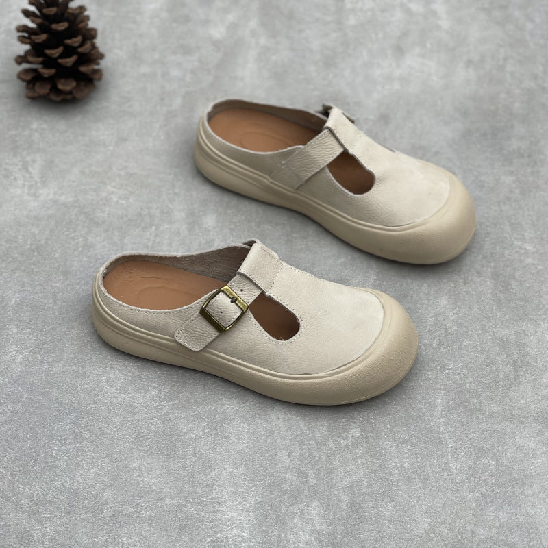 Retro Buckled Comfortable Soft Sole Genuine Leather Slippers