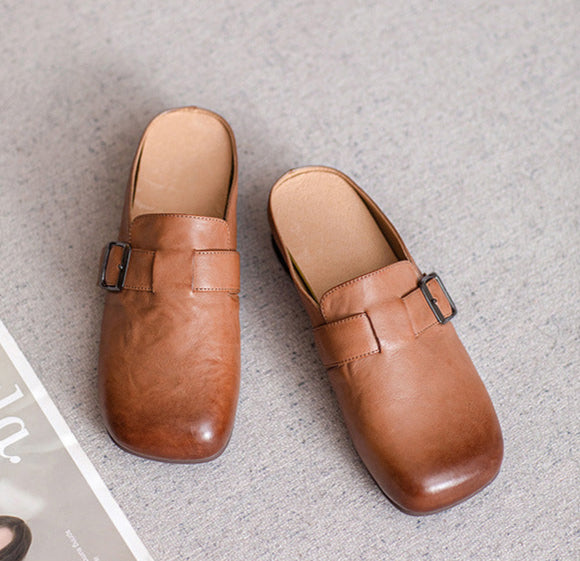 Minimalist Elegant Genuine Leather Low Heel Slippers for Women