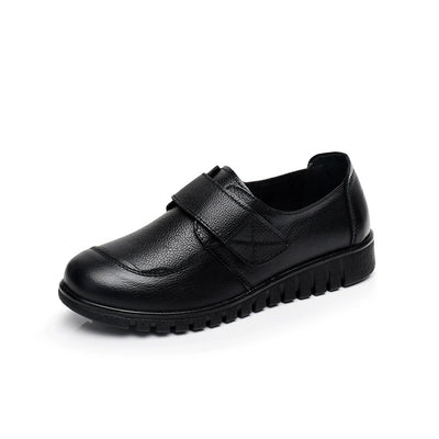 Women Retro Top Leather Soft Flat Sole Black Velcro Shoes