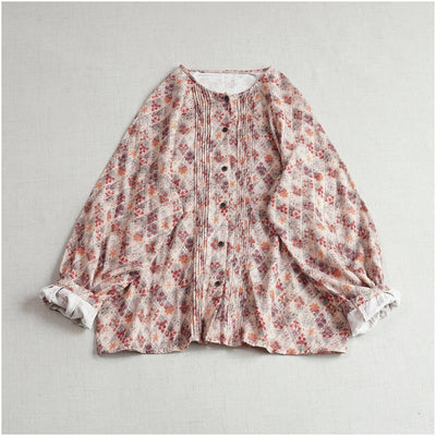 Retro Cotton Floral Printed Round Neck Single Breasted Shirt