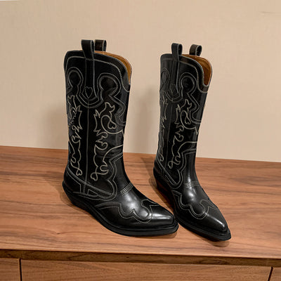 Retro Vintage Genuine Leather Pointed Toe Patchwork Boots