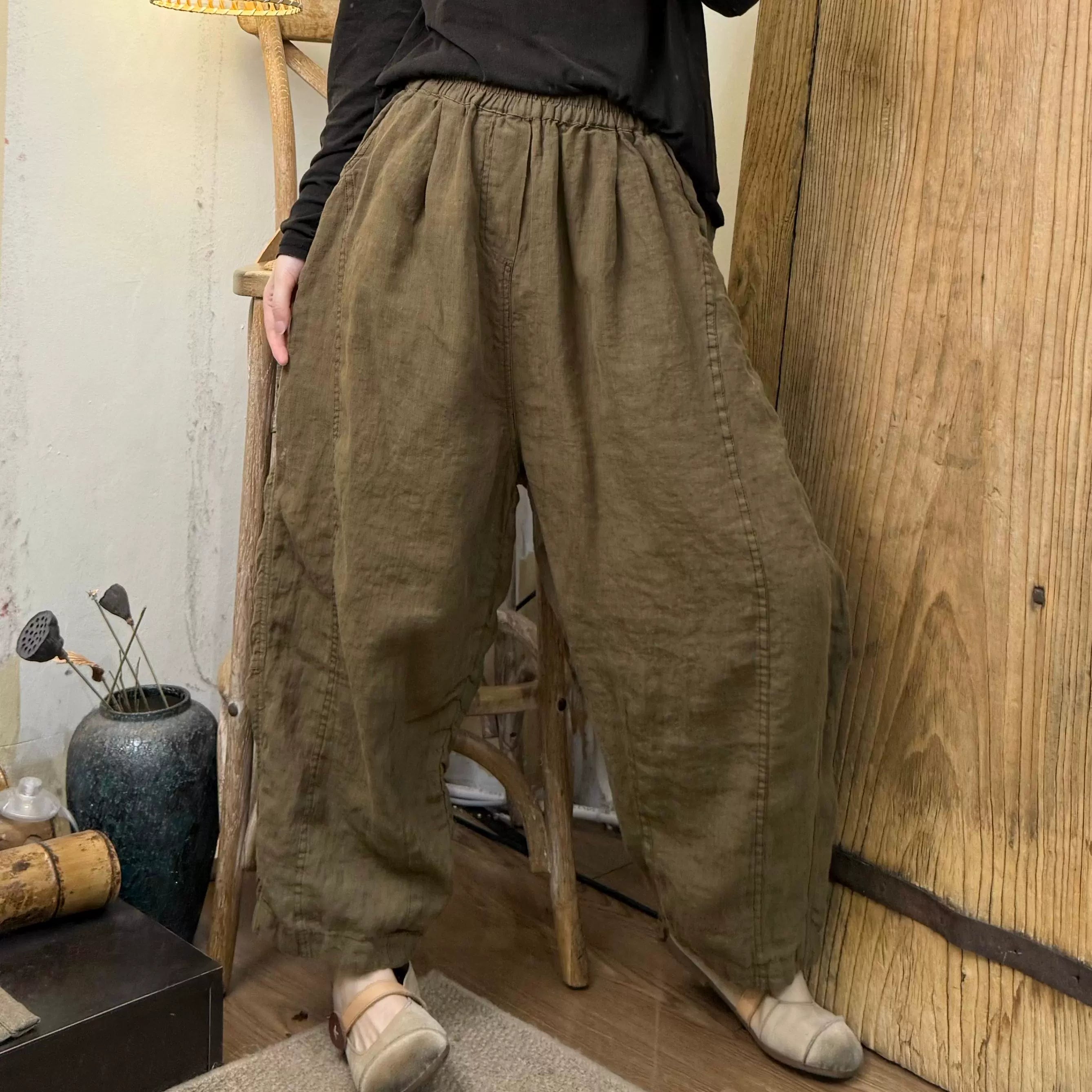 Loose Spring Casual Retro Distressed Linen Harem Pants for Women – Babakud