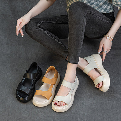 Summer Casual Leather Open Toe Platform Velcro Shoes