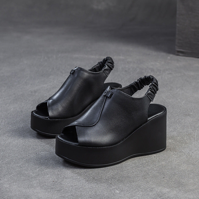 Women Retro Elegant Genuine Leather Wedge Sandals ¨C Black & Coffee