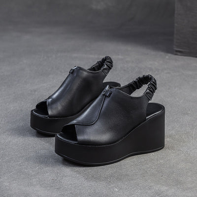 Women Retro Elegant Genuine Leather Wedge Sandals ¨C Black & Coffee