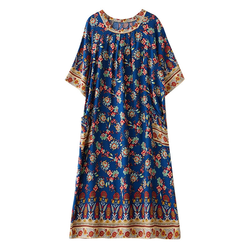 Women Summer Vintage Cotton Printed Floral Loose Dress