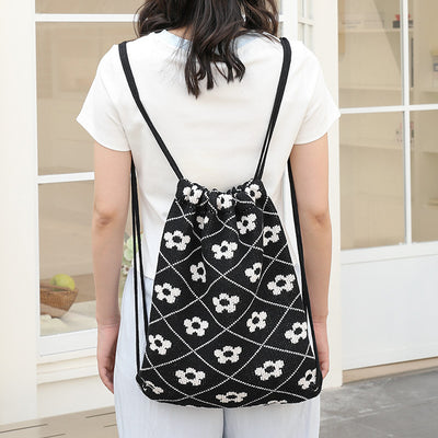 Babakud Cotton Woven Floral Plaid Drawstring Shoulder Bag