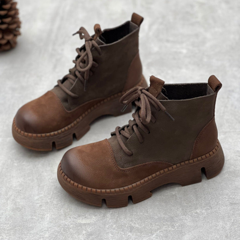 Women Retro Handmade Genuine Leather Platform Short Boots