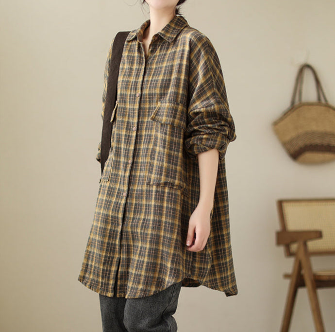 Plus Size Women Trendy Retro Spring Plaid Loose Cotton Shirt