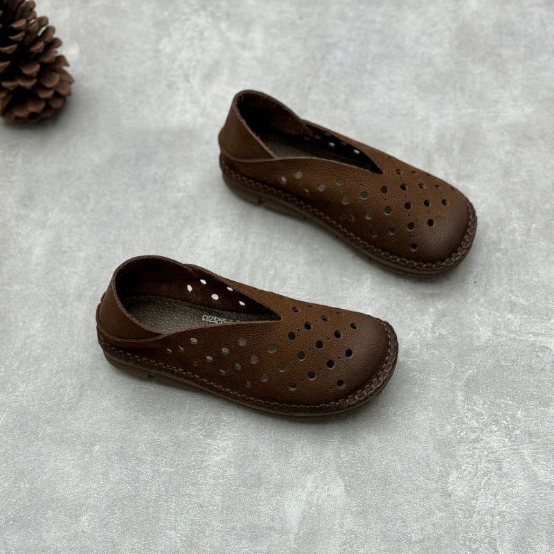 Women Retro Perforated Handmade Genuine Leather Slip-Ons Shoes