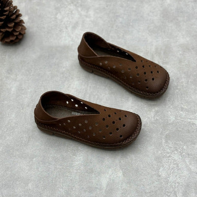 Women Retro Perforated Handmade Genuine Leather Slip-Ons Shoes