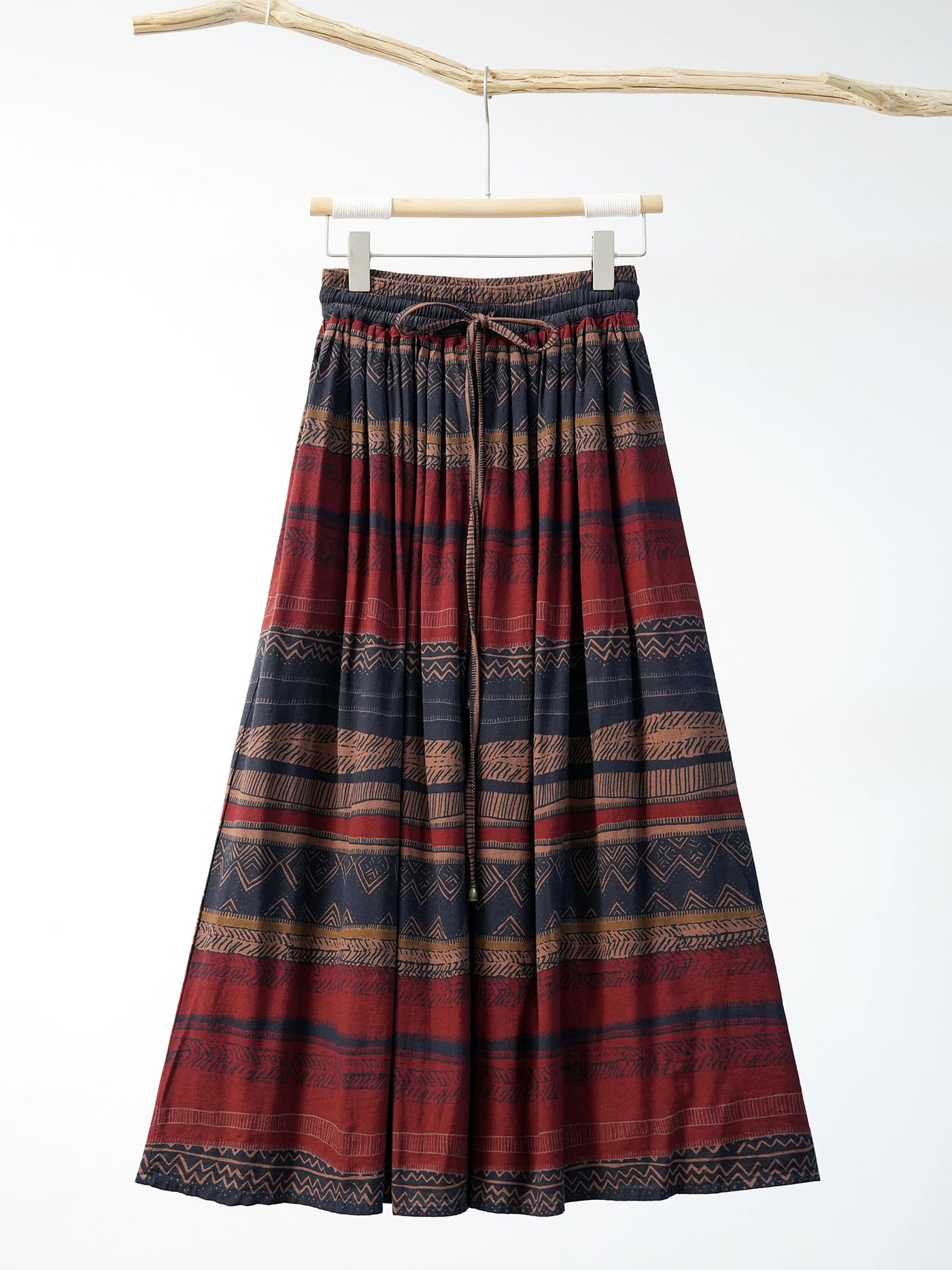Women Summer Linen Printed Striped Elastic Waist Lace-Up Skirt