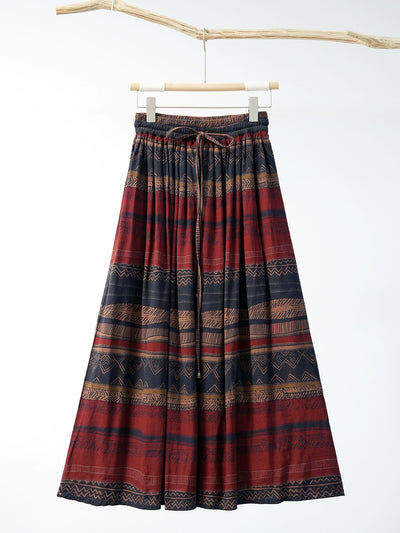 Women Summer Linen Printed Striped Elastic Waist Lace-Up Skirt