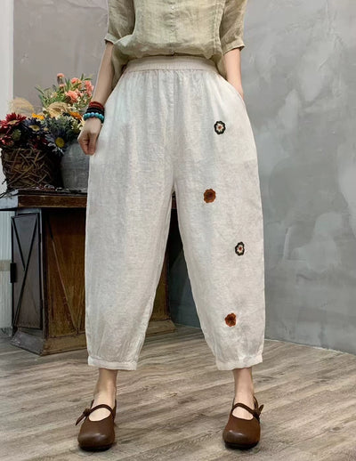 Summer Retro Linen Embroidered Elastic Waist Harem Pants