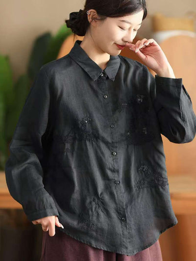 Autumn Retro Ramie Embroidered Loose Long Sleeves Shirt