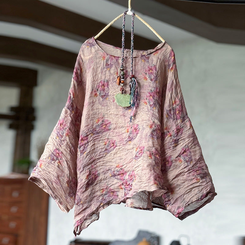 Spring Loose Casual Asymmetric Floral Printed Ramie Blouse
