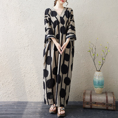 Autumn Linen V-Neck Long Sleeves Printed Dress With Pocket